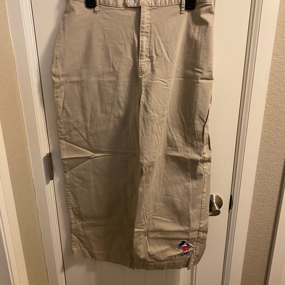 Disney Store L Pants Khaki Mickey Mouse Crop Slacks Stretch Embroidered Large Lg